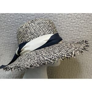 Brenda Lynn Black Beige Wide Brim Straw Hat OS Ribbon Trim Fringe